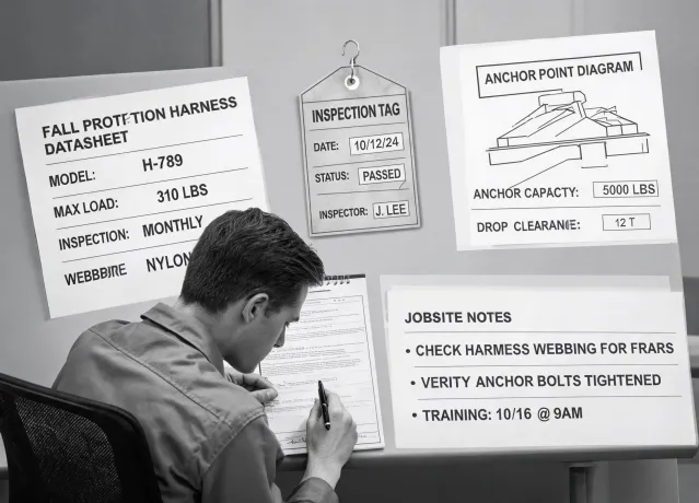 Fall protection service desk reviewing harness documentation